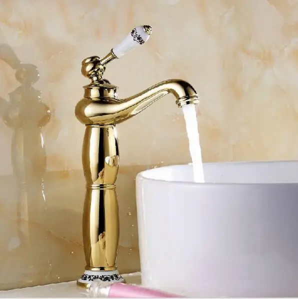 Смеситель для раковины в ванную комнату кран с золотистой отделкой латунный