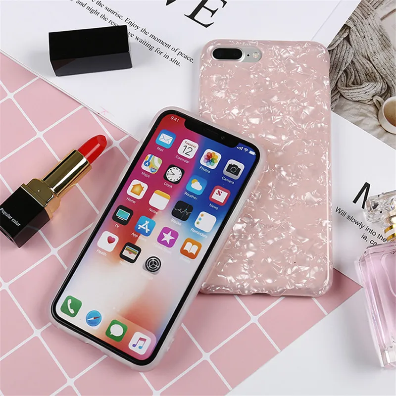 Pink Girly Silicone Case For iPhone 7 8 Plus Glitter Ocean Dream Shell Diamond Cover XR XS Max 6 6S Candy Cape |