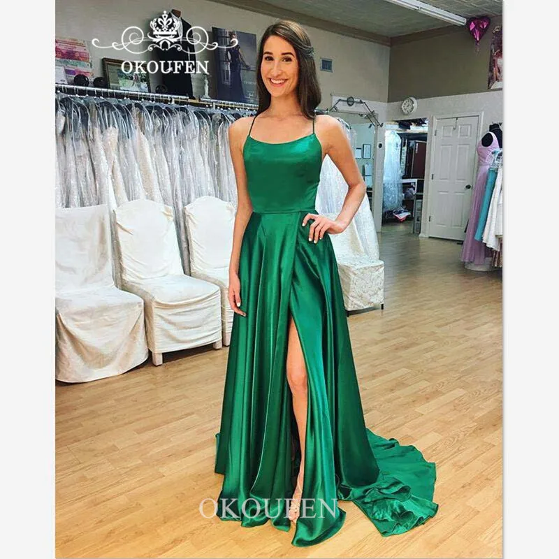 Зеленый атласные вечерние платья для женщин Спагетти ремень сбоку разделение 2019