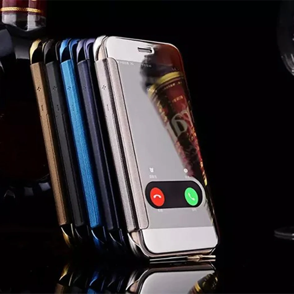 Window Clean View Mirror PU Leather PC Case For iPhone 6 6S 6plus Luxury Hard Flip Cover 5 5s SE Plus 7 8 | Мобильные телефоны и