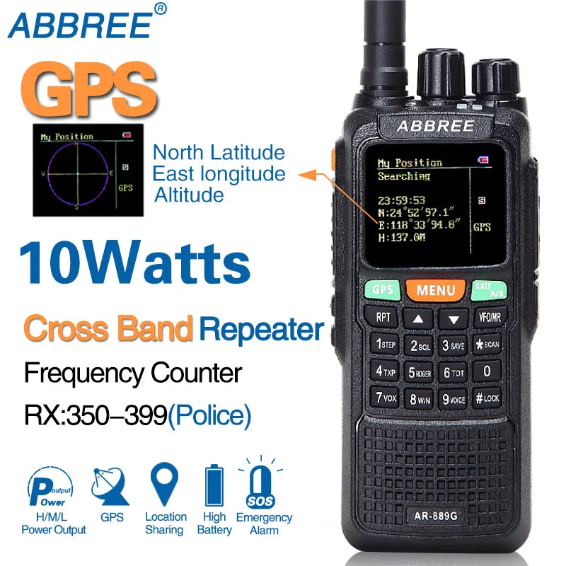 

ABBREE AR-889G GPS 10 Вт рация SOS 999CH дуплексный Ретранслятор с ночной подсветкой двухдиапазонный двойной прием для пеших прогулок CB Любительское рад...