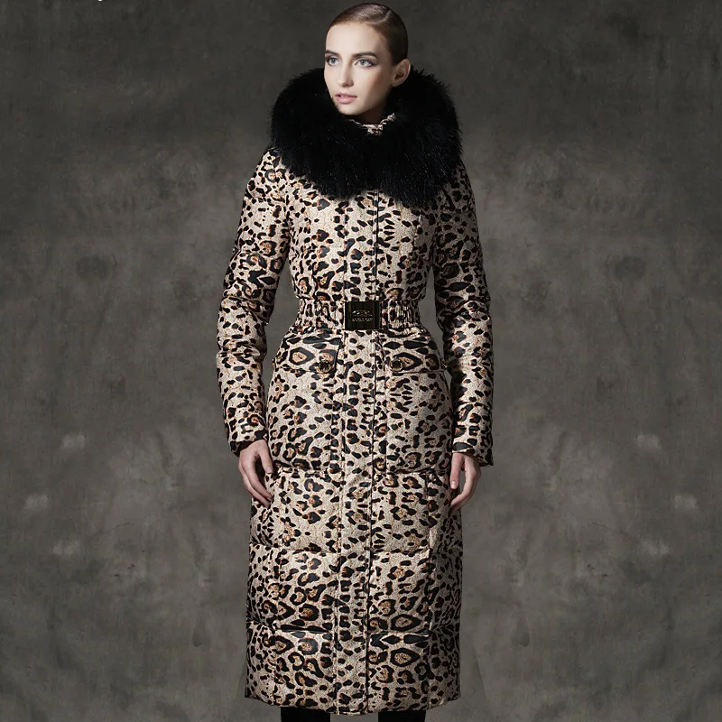 Leopard White Down Jacket Woman Hooded Leopard Winter Coat Women Long Warm Puffer Jacket Raccon Fur Collar Chaqueta MujerMY206 KJ2603 - Цвет: Leopard