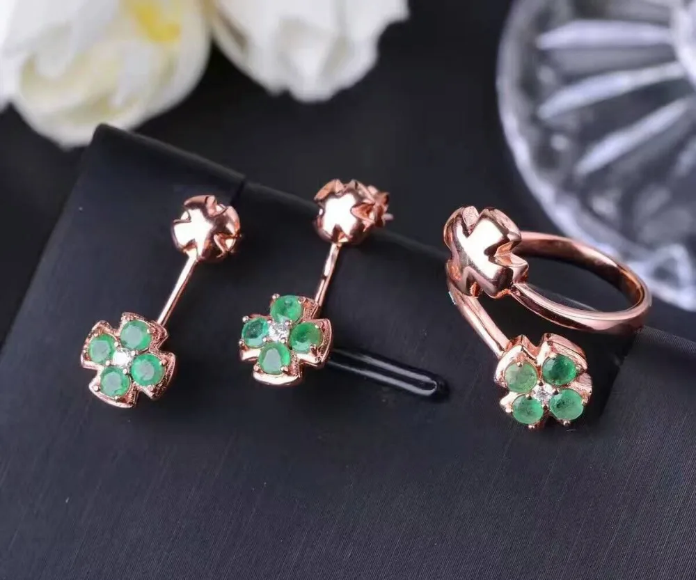 Верность натуральный изумруд S925 серебро цветы Fine Jewelry наборы для женщин натуральный зеленый камень кольца кулон, серьги