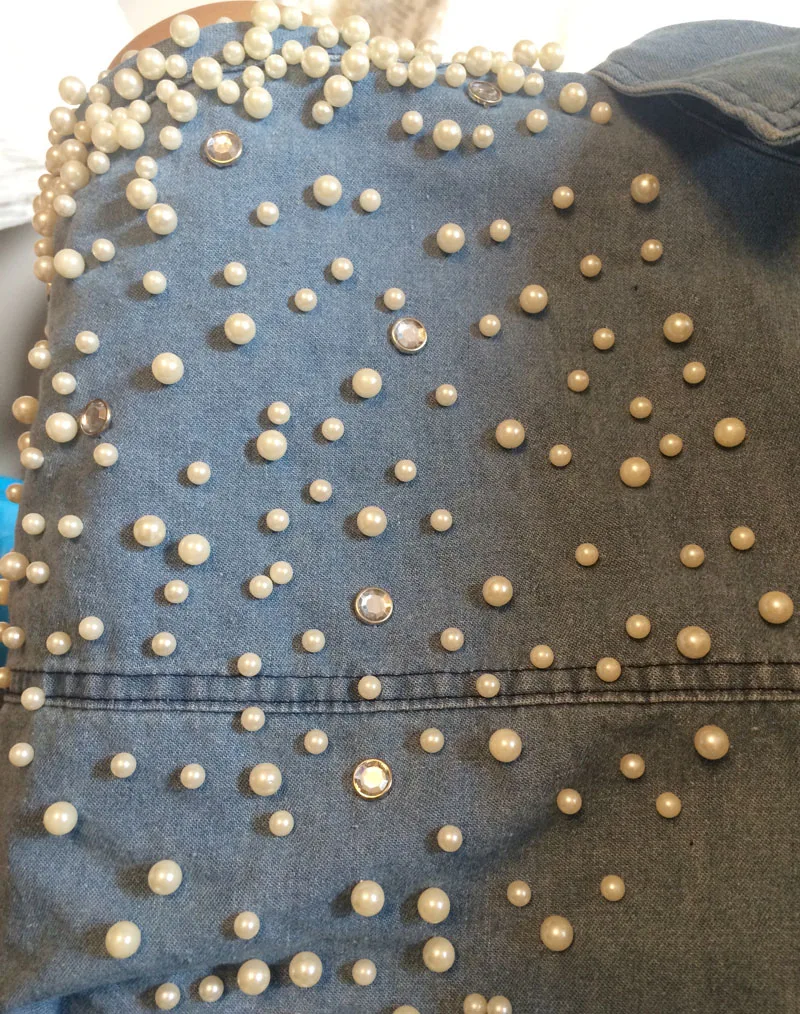 Новое поступление Для женщин джинсовая рубашка жемчужной пряжкой с длинными