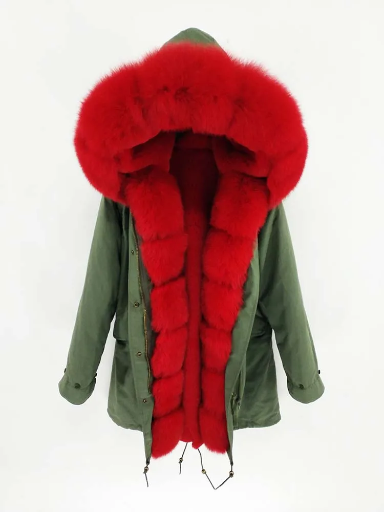 red fur Непромокаемая Длинная зимняя парка Куртка женская Меховое пальто Воротник мех лисы Теплая уличная мода новая - Цвет: red fur