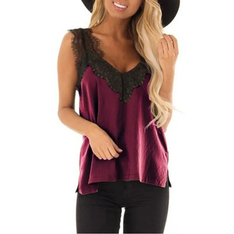 Women Sexy V-Neck Top Summer New Backless Lace Halter Loose T Shirt Fashion Sleeveless Plus Size Tee