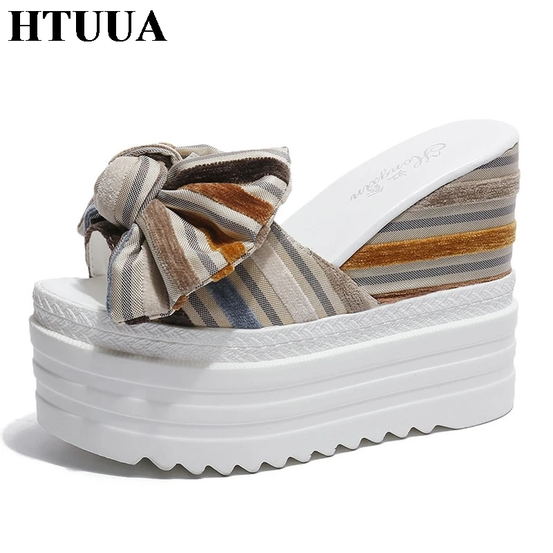 HTUUA/2019 г. Летние полосатые тапочки на танкетке с бантом женские повседневные