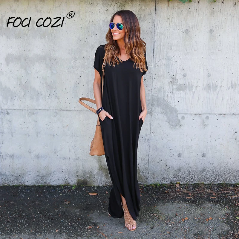 

Рукав «летучая мышь» свободные полиэстер/хлопок/Повседневные платья розовый/белый/Платье черного цвета с карманом макси платья для женщин ...