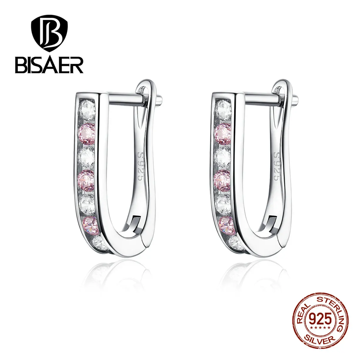 BISAER, серьги с розовым цирконием, 925 пробы, серебро, простые, кубический циркон, серьги-гвоздики для женщин, роскошные свадебные ювелирные изделия ECE658