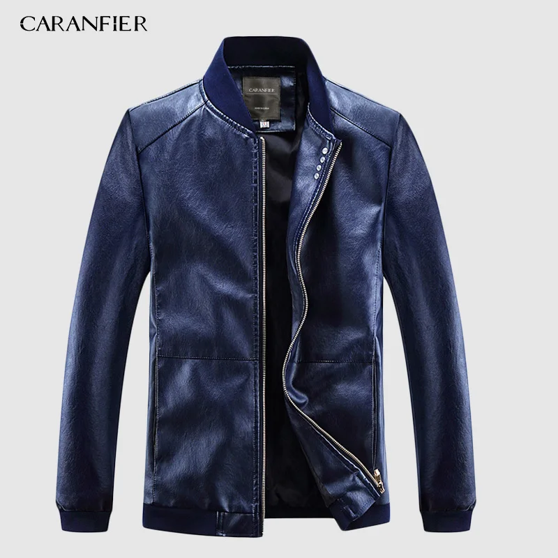 CARANFIER мужские кожаные куртки зимние плюс бархатные ВИНТАЖНЫЕ пальто Твердые стоячий воротник мотоциклетная молния карманы Верхняя одежда