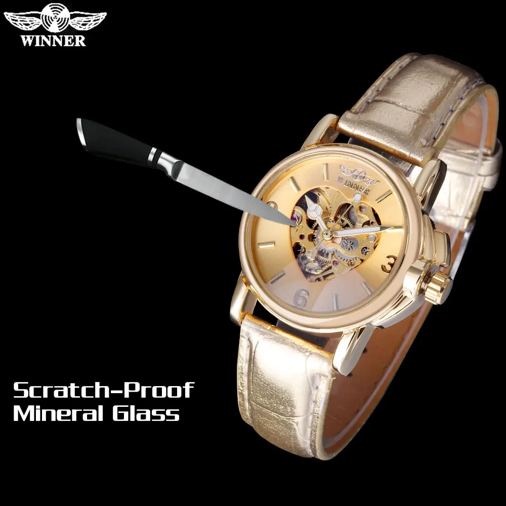 2016 WINNER popular brand women watches luxury automatic self wind watch skeleton dials transparent glass gold case leather band | Наручные