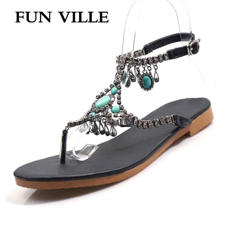 FUN VILLE/Новые модные летние женские сандалии Этнические на плоской подошве Женская