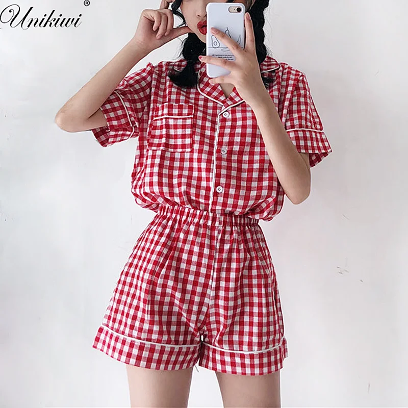 UNIKWI. Летний женский пижамный комплект из двух предметов клетчатая Пижама с