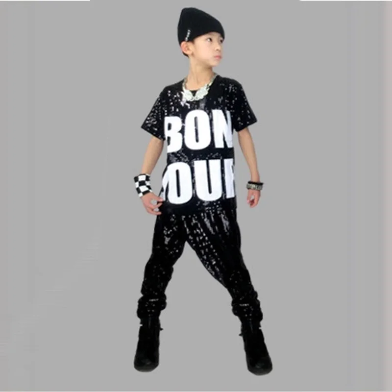 Free Shipping Male Female Hip Hop Dance Costumes Child Hip-hop DS Costume Cotton T shirt Sequined Leotard Harem Pants |