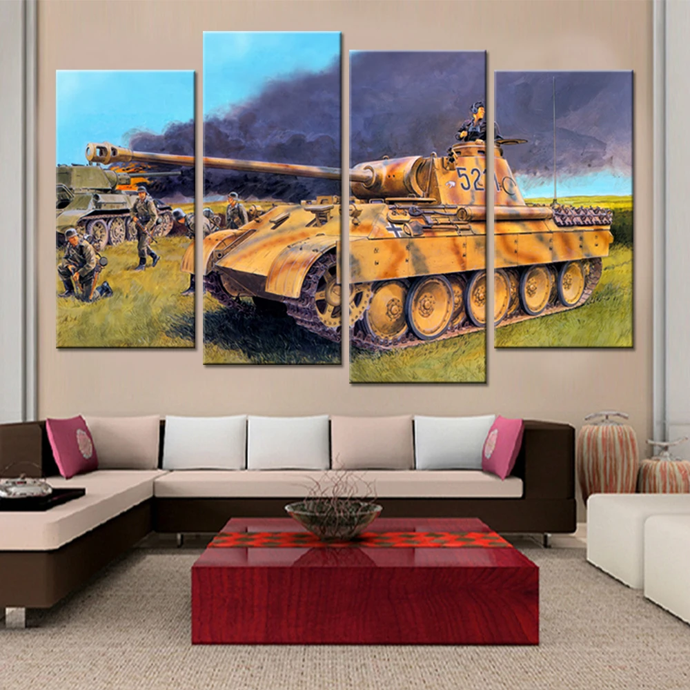 

4 panel decoration posters canvas painting world war tanks stylish sitting room