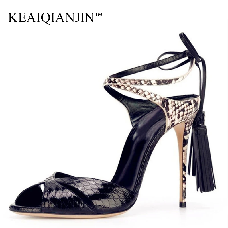 KEAIQIANJIN Women Snakeskin Pattern Sandals Summer Yellow Blue Sexy Pumps Fringe Plus Size 34 - 43 Wedding High Heels | Обувь