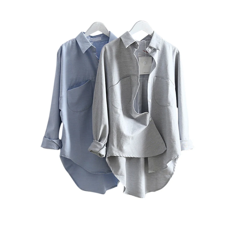 Блузка женская оверсайз с длинным рукавом и воротником карманами|Рубашки| |