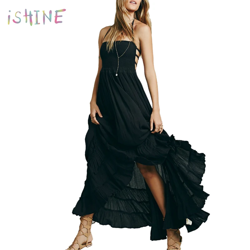 Женское сексуальное пляжное платье Бохо с открытой спиной летнее плиссированное