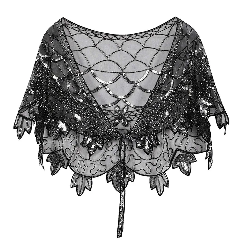 Black Silver Винтажная шаль 1920 s, расшитая блестками и бисером, короткая накидка, украшенная бисером, Гэтсби, вечерние, сетчатые, короткие, накидка, Аксессуары для платья - Цвет: Black Silver