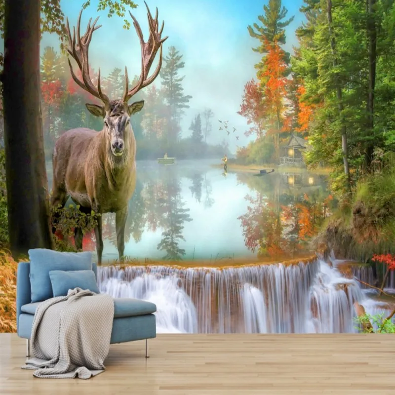 

Dropshipping Colomac Nordic Wallpaper Dream Waterfall Forest Elk Jungle Wallpaper 3d Wall Murals Living Room Papier Peint Mural