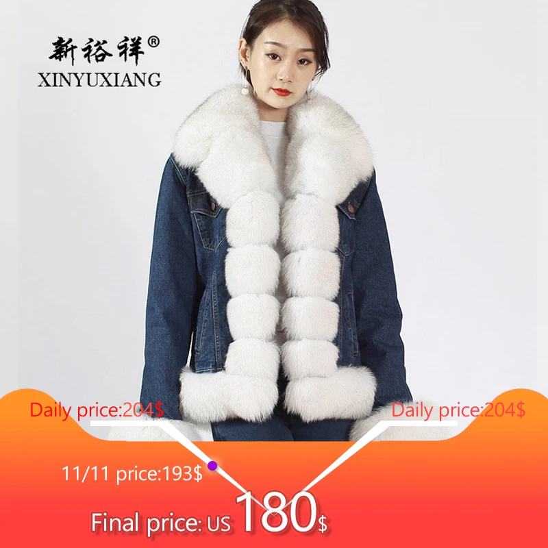 XINYUXIANG 2018 джинсовые куртки с натуральным лисьим мехом уличная теплая зимняя куртка воротником из белого