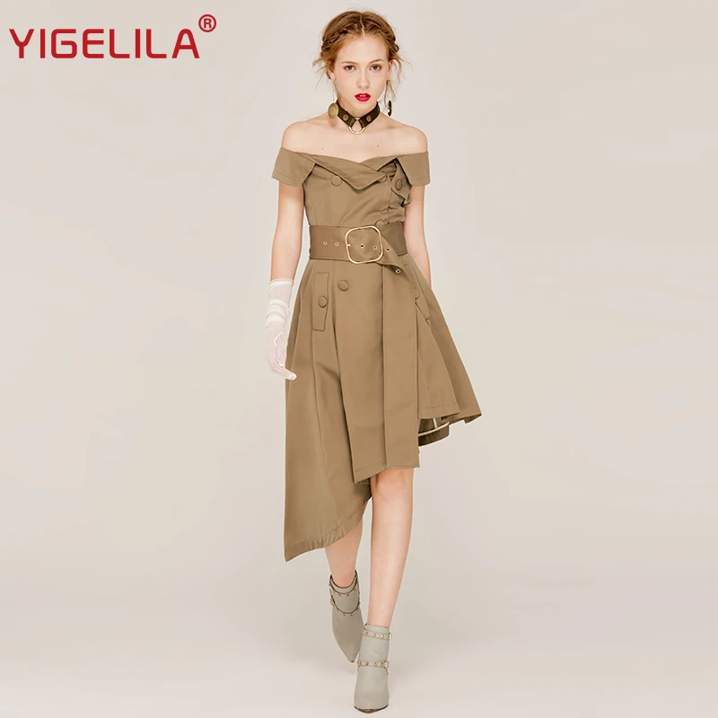 Винтажное платье yigelila однотонное ассиметричное весеннее с вырезом лодочкой и