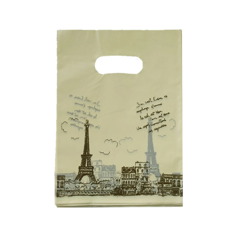 

100pcs/lot Tower Design Yellow Plastic Gift Bag 25x35cm Boutique Jewelry Packaging Bags Nice Plastic Shopping Bags With Handle