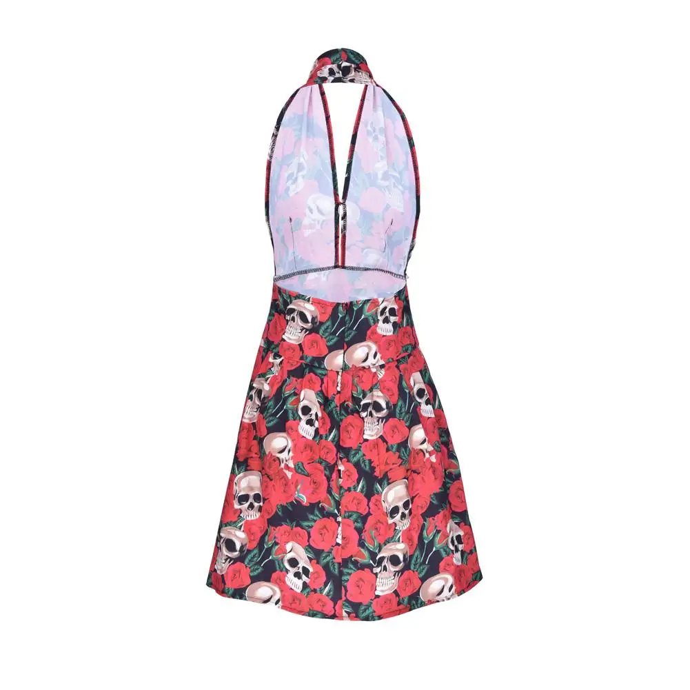 2018 летнее платье на бретельках с принтом черепа розы для женщин рокабилли