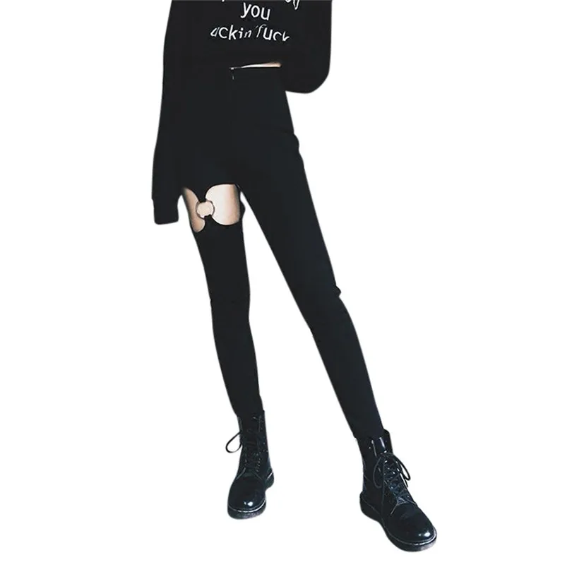 

Punk Gothic Pants For Women Trousers High Waist Pants Leggings Zipper Pencil Pants Hollow Out Pantalones Mujer 40JUN14