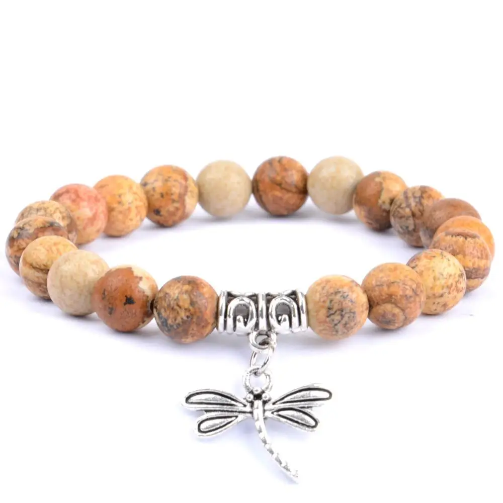 Picture Jasper Модные женские браслеты классические очаровательные стрекозы натуральный черный белый камень из бисера мужские подарочные браслеты и ювелирные изделия женский браслет - Окраска металла: Picture Jasper