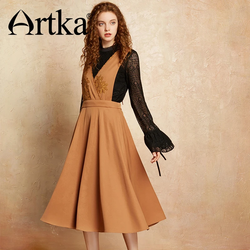 ARTKA/2018 осенне зимнее винтажное элегантное платье трапециевидной формы в полоску