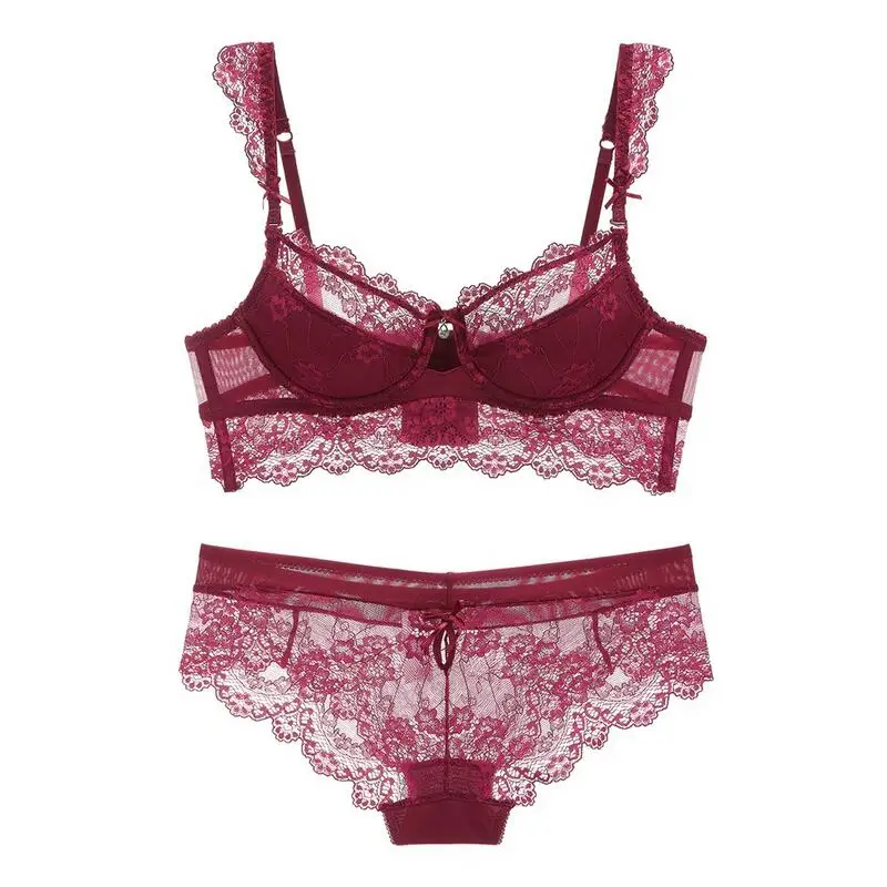 Plus Size Bra and Panty Sets Underwear With Lace Bra Half Cup Underwire Ultra Thin Sexy Lingerie Brassieres 90D 95C 95D