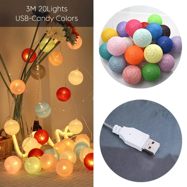 3M 20LED 04 USB Светодиодный светильник для украшения комнаты, гирлянда с хлопковыми струнными шариками, светильник s USB DIY 6 см, хлопковый шар, светильник с цепочкой, сказочный светодиодный светильник, подарки на день рождения, вечерние - Испускаемый цвет: 3M 20LED 04 USB