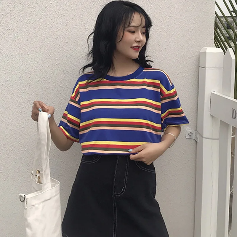 2019 Summer Stripe Printed T shirts Women Casual Loose tee shirt Harajuku O neck Short Sleeve Cozy Student Tee Tops femme|Футболки| |