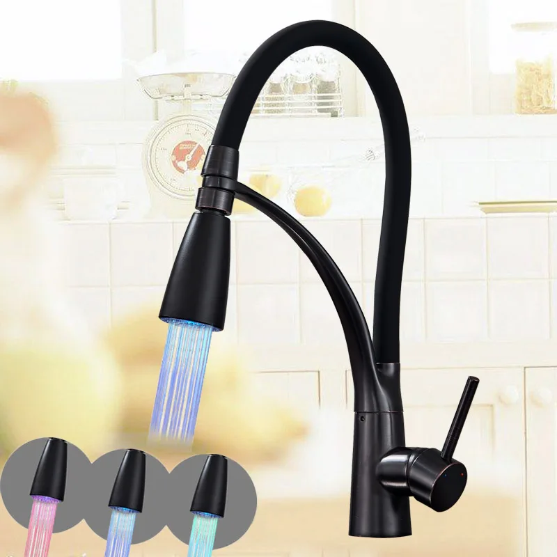 Black Bronze Золотой кухонный кран светодиодный светильник смеситель для кухни ванной комнаты кран Pull вниз горячая холодная вода кран с кронштейном изменение цвета носик - Цвет: Black Bronze