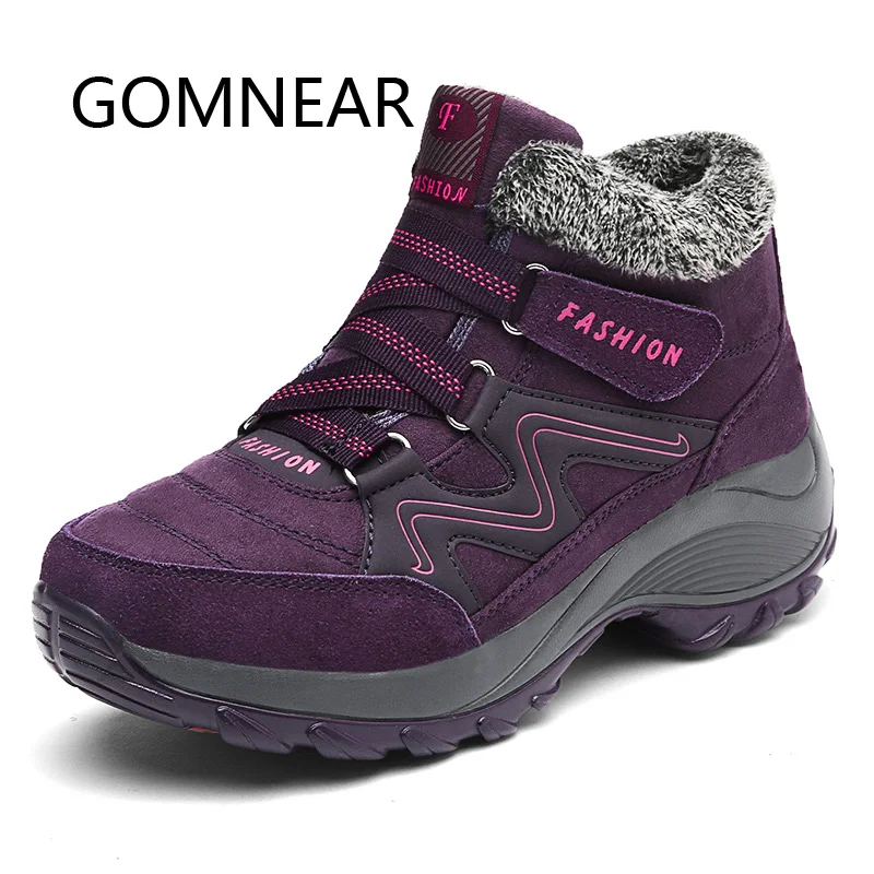GOMNEAR Plush Warm Black Hiking Shoes Women Winter Outdoor Hiking Boots Waterproof Non-Slip Walking Hiking Shoes Sports Sneakers