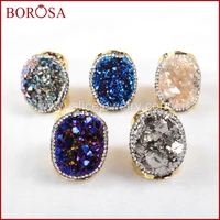 borosa design 5pcs new gold color rainbow agates druzy titanium drusy quartz ring paved zircon jewelry for women jab255