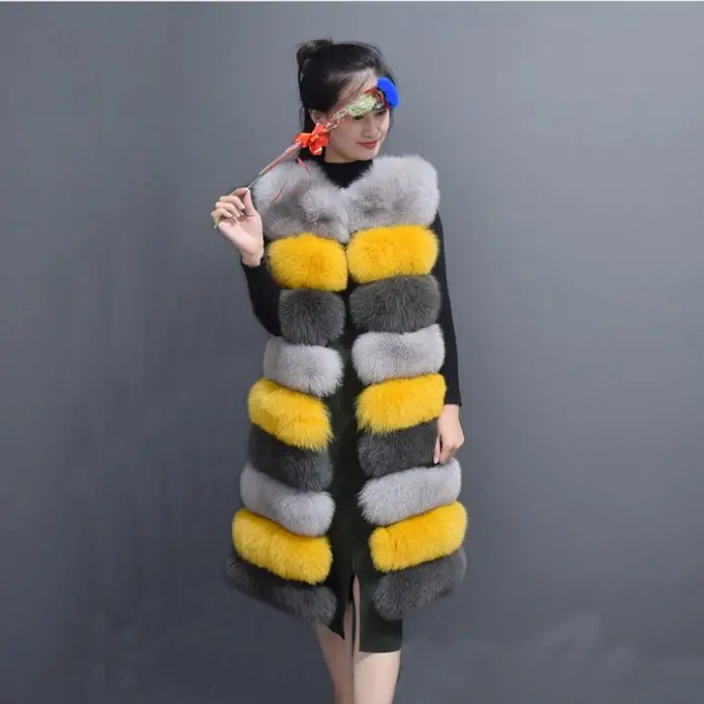 Пальто из искусственного лисьего меха для женщин длинный отрезок контрастные