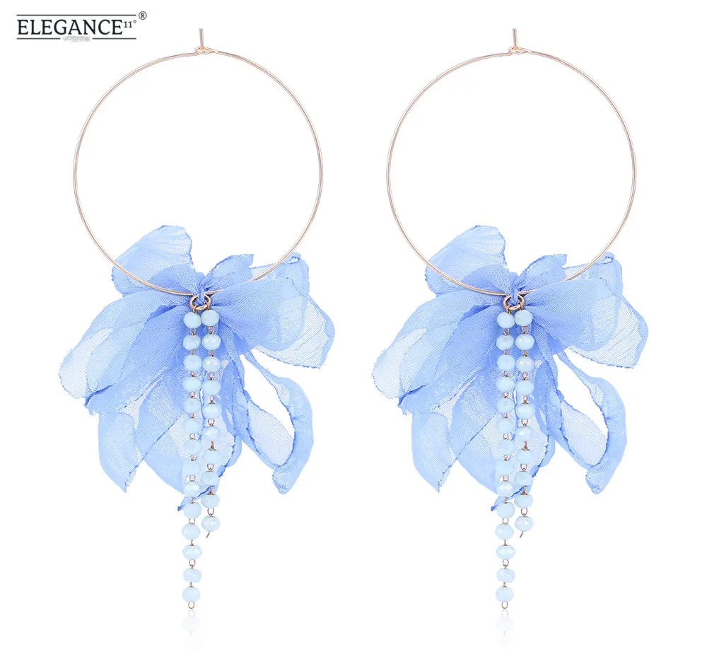 ELEGANCE11, большие серьги-кольца для женщин, серьги в виде цветка, модная подвеска с бусинами из кристаллов, длинные серьги, ювелирное изделие, подарок для женщин - Окраска металла: blue