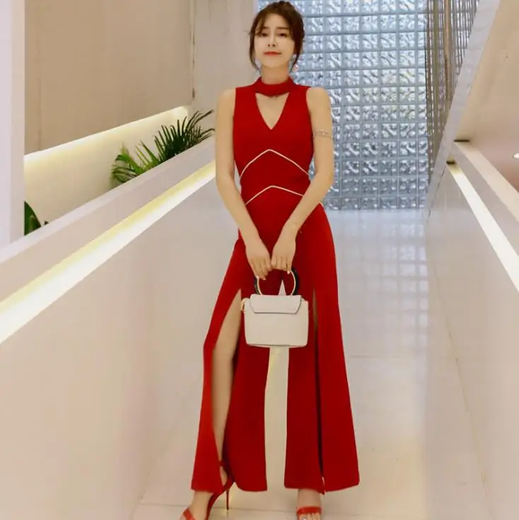 

2019 Red Jumpsuits Stand Collar Hollow Out Sleeveless Ladies Jumpsuits Slim Split Romper Playsuits