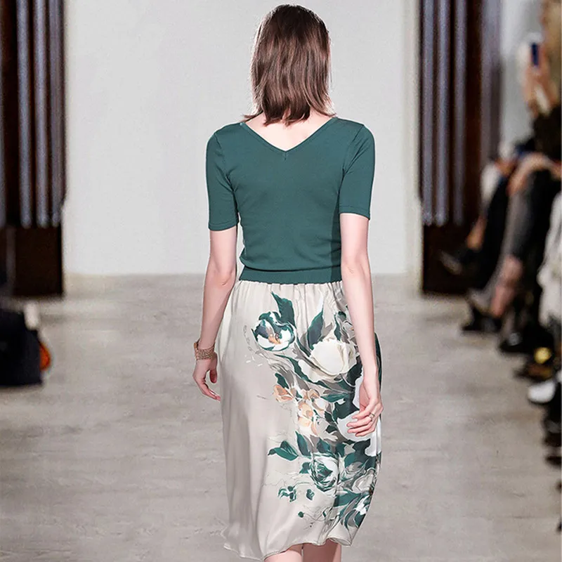 Женский комплект 2 шт. Цветочный принт юбка и трикотажные черновато зеленый