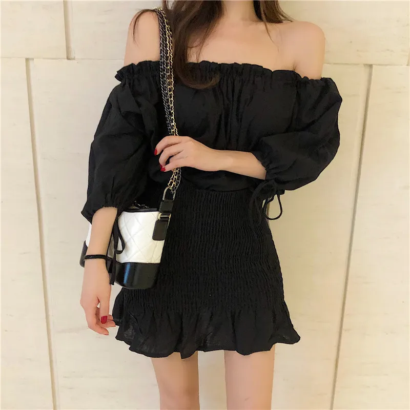 Летнее женское платье в Корейском стиле с вырезом лодочкой открытыми плечами 2019