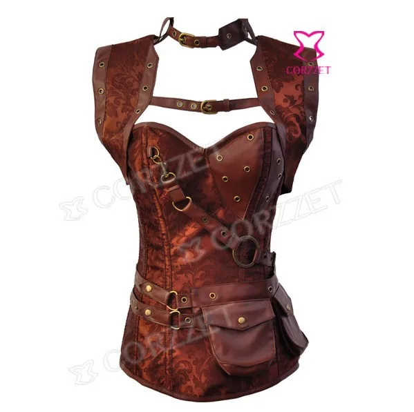 Steampunk Gothic Style Brown Jacquard Steel Bone Overbust Corpete Women Womens Corset Tops Sexy Corselet Burlesque Punk Bustier