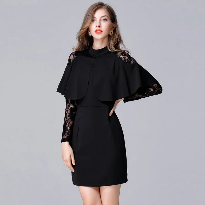 Women autumn new elegant Black Chiffon lace Plus size slim dress large Size Cloak Sleeves Pencil Dress Office Lady party Dresses | Женская