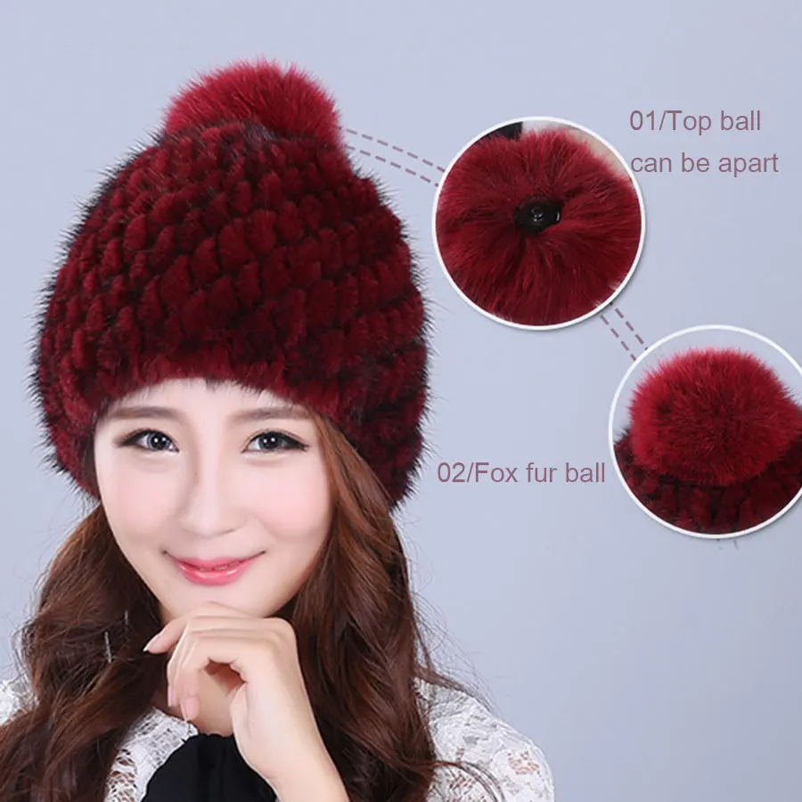 2018 Real Fur Hat Women New Winter Natural Mink Lining Knitted Beanie Red Wine Elegant Brown Black Solid | Аксессуары для одежды
