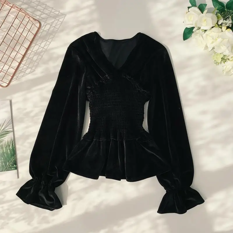 2019 new fashion women's blouse shirt elegant solid color velvet V-neck elastic pleated waist versatile blusa top |