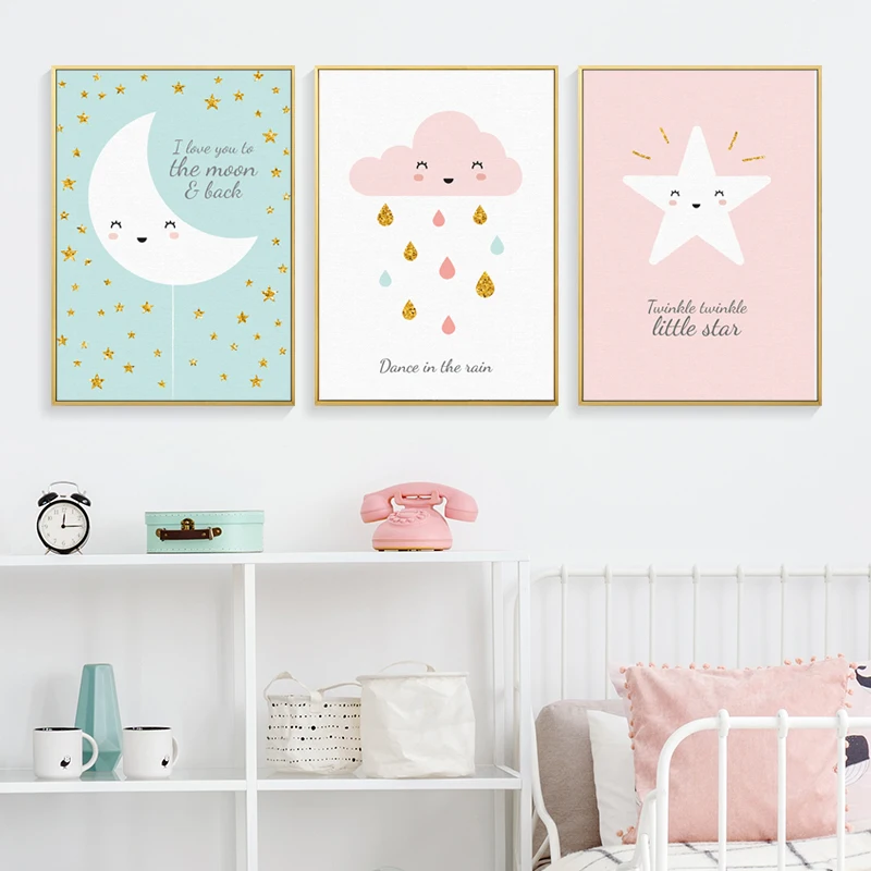 

Modern Minimalist Cartoon Canvas Paintings Nursery Smiling Cloud Star Moon Poster Print Wall Art Pictures for Kids Bedroom Decor