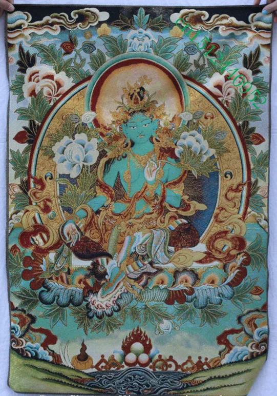 Tibet Buddhism Silk embroidery Seat Green Tara Buddhism Thangka Painting Mural.