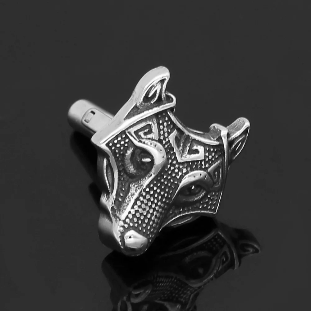 Stainless steel Nordic Viking Norse Small amulet rune Wolf Head Cufflinks with valknut gift bag | Brooches