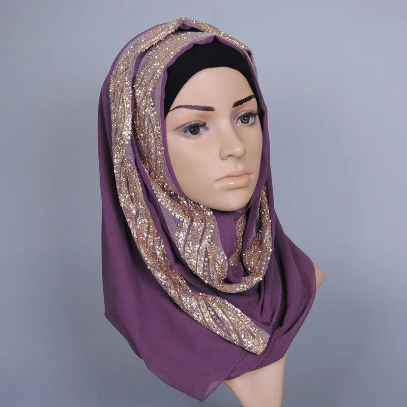 

2021 Plain Lurex Glitter Floral Bubble Chiffon Hijab Women Shimmer Shawls and Wraps Instant Headband Snood Muslim Foulards Sjaal